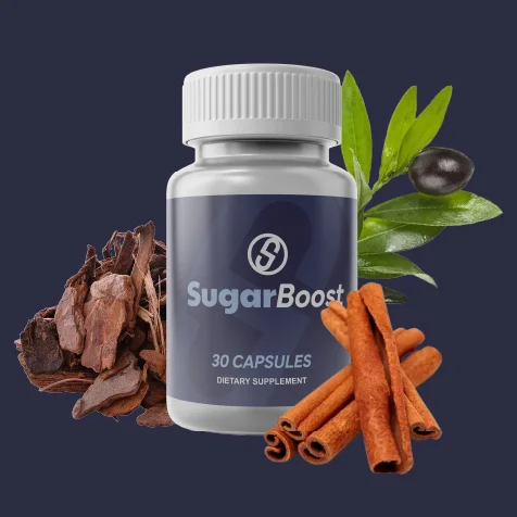 SugarBoost natural blood sugar support supplement bottle with cinnamon and botanical ingredients
